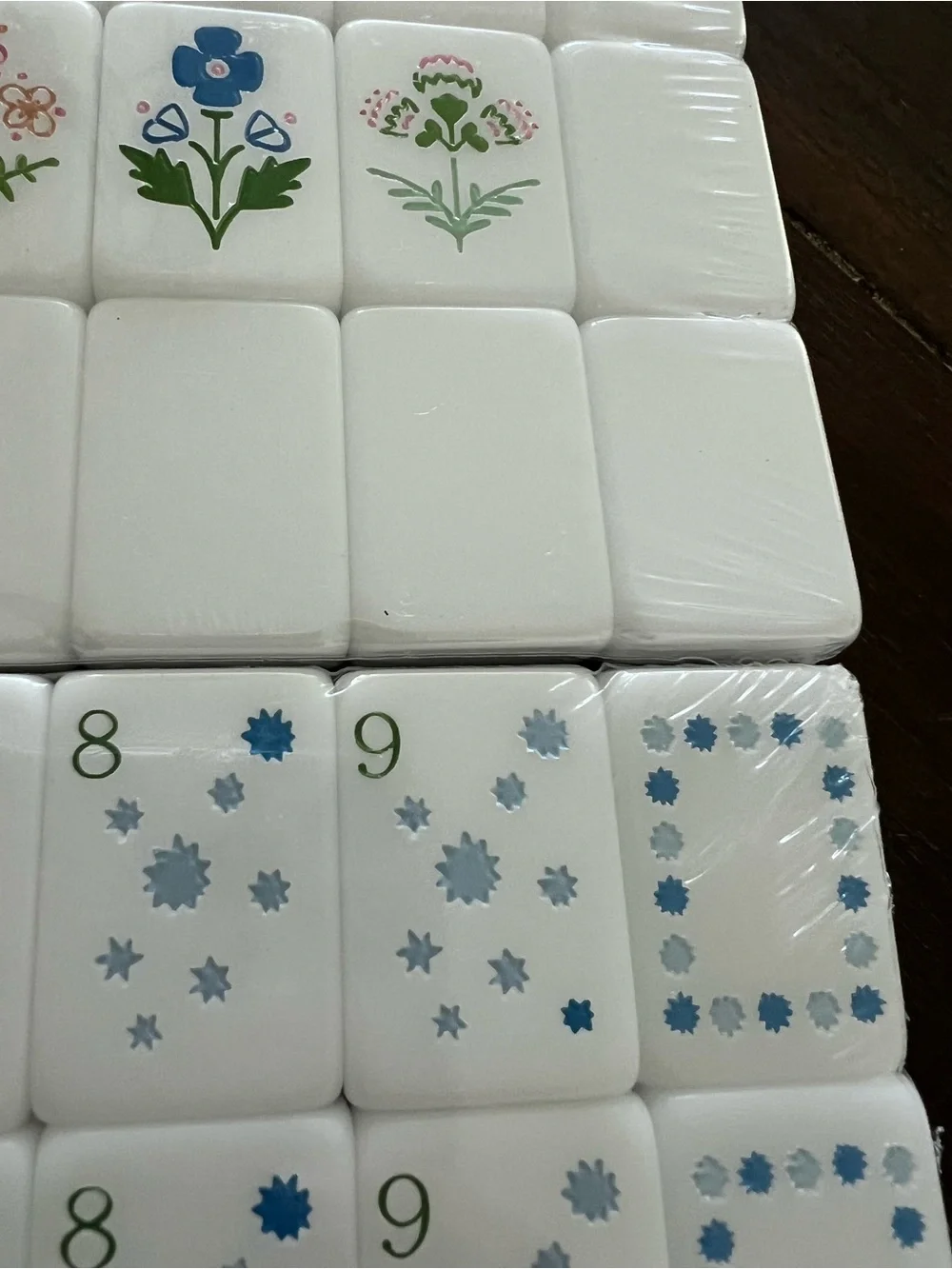 Bright White and Blue Floral Mahjong Tile Set - White with Pink, Blue & Green